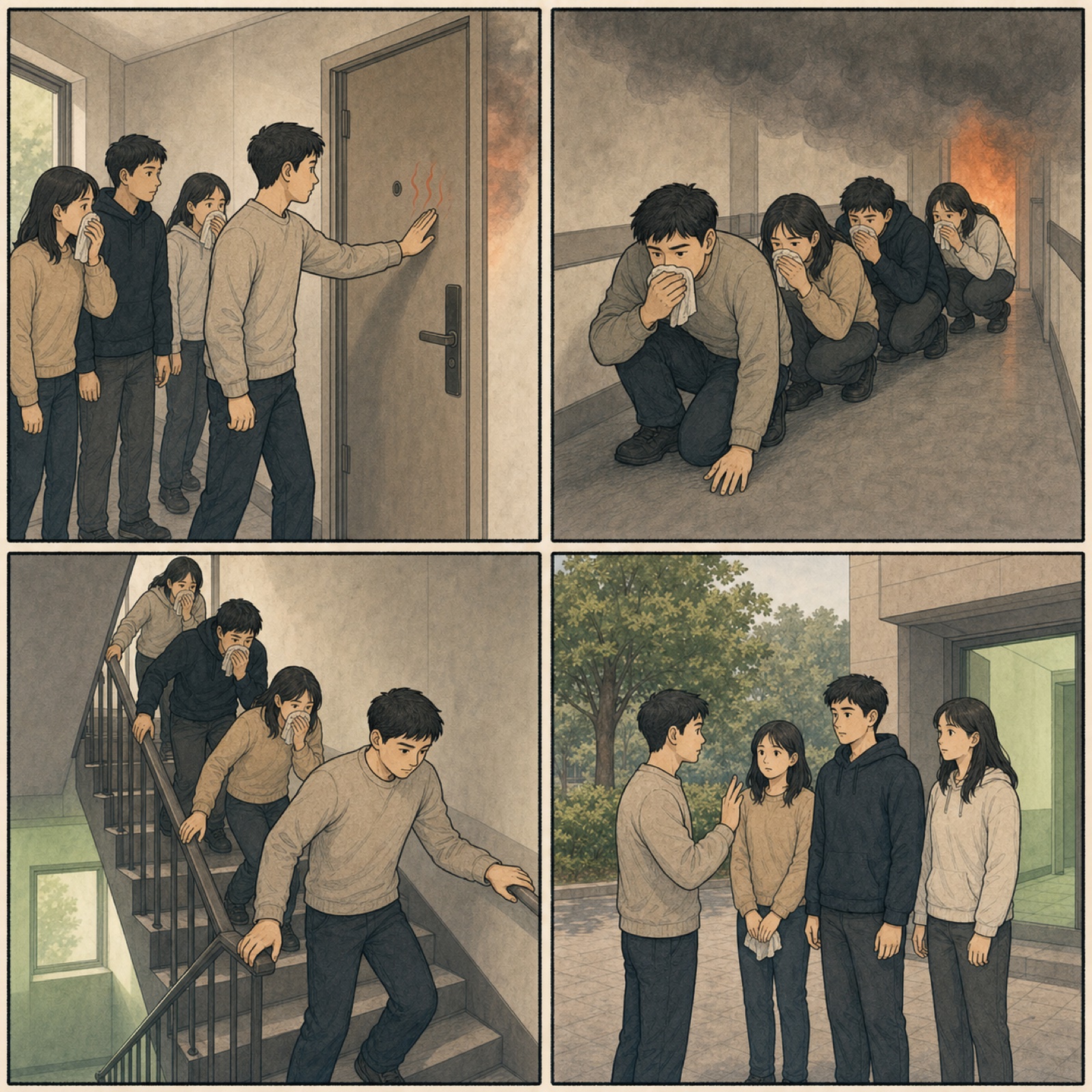 문을 손등으로 확인하고 낮은 자세로 이동해 계단으로 대피한 뒤 밖에서 인원을 확인하는 무대사 4컷툰