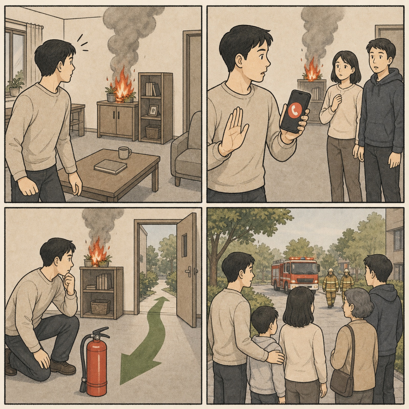화재 발견부터 신고, 초기 진화 판단, 안전한 외부 집결까지 이어지는 무대사 4컷툰